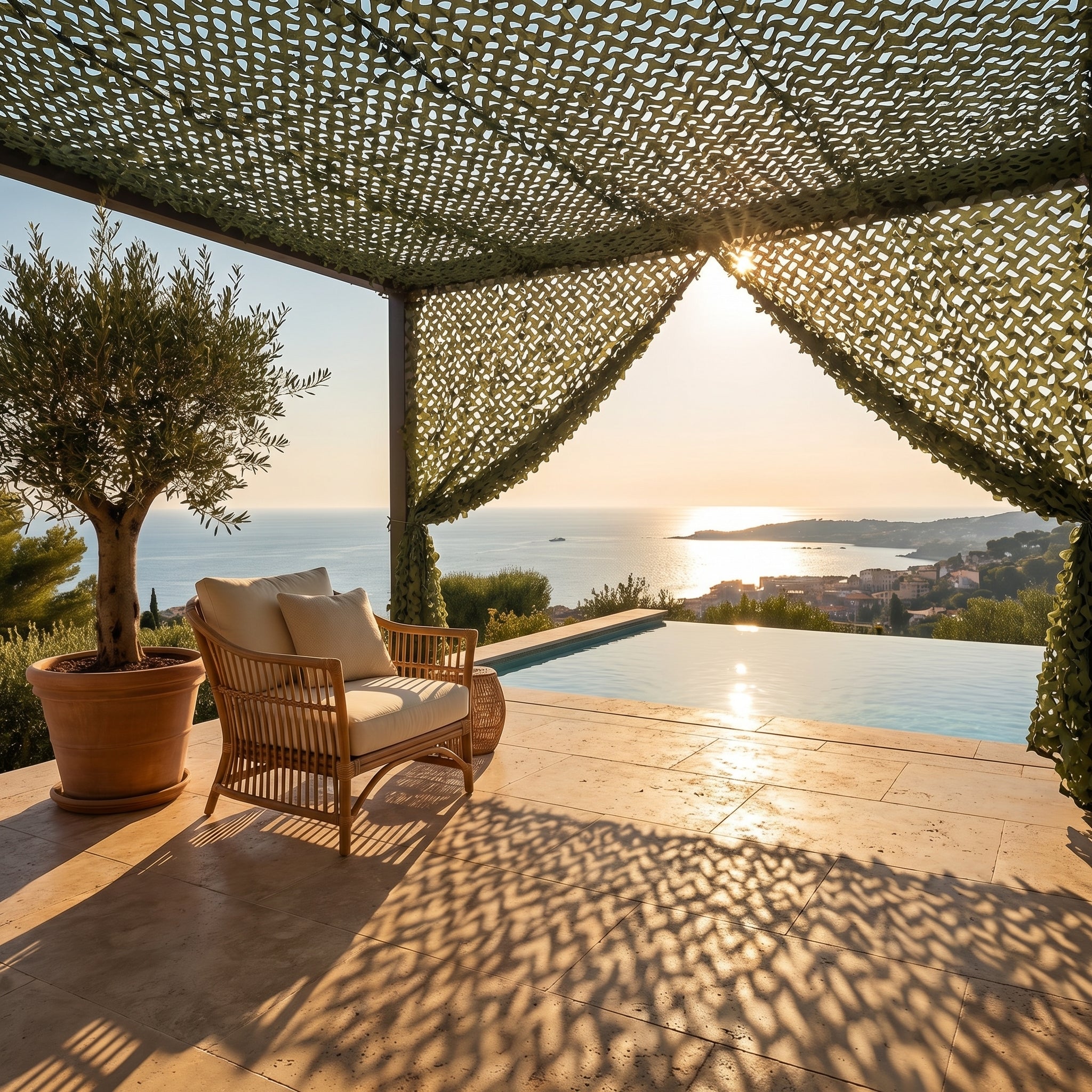 An outdoor patio under a pergola covered with a green camouflage mesh net curtain, overlooking a swimming pool and sea view.