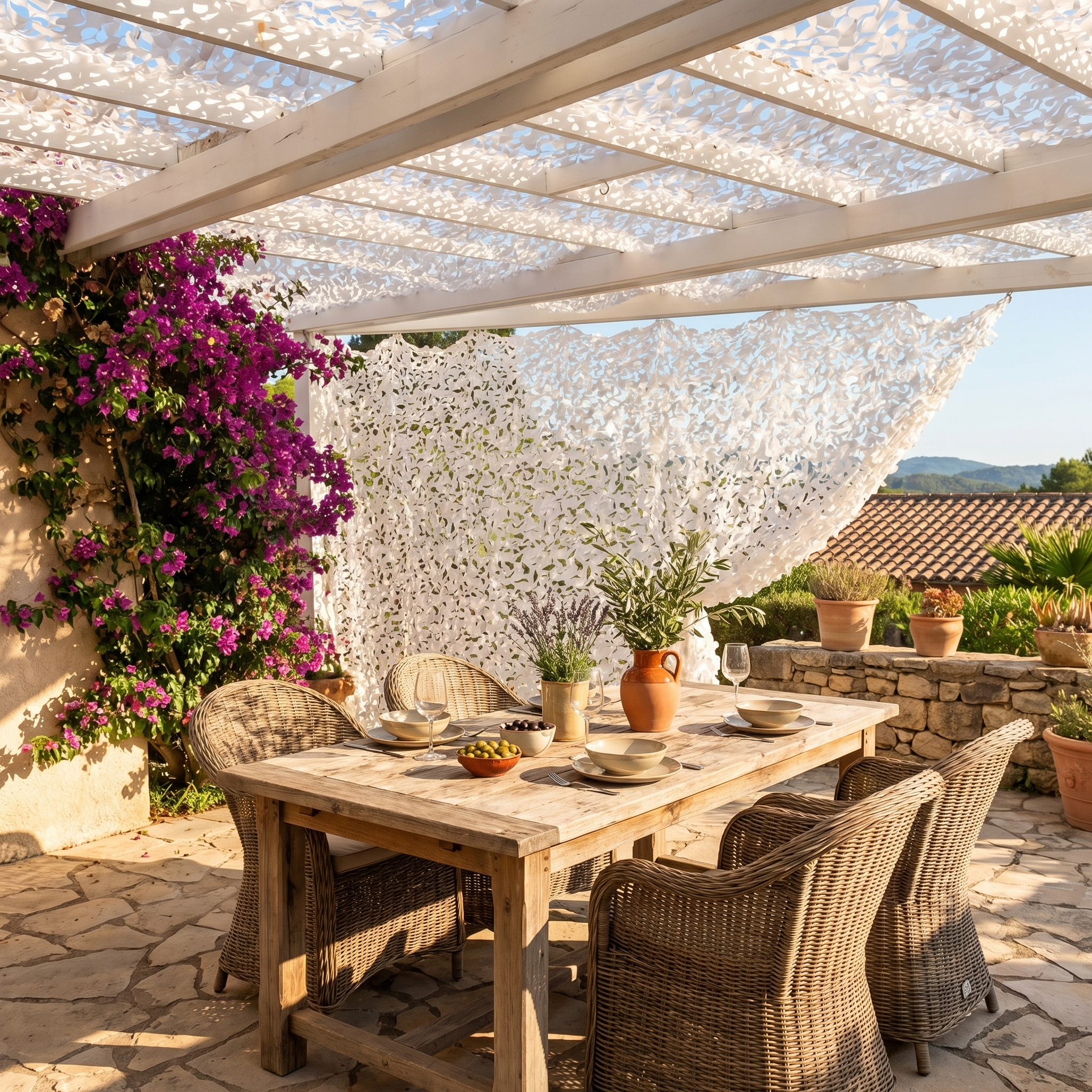 TheFrenchNets vertical privacy shade net gray version softening a city patio sightline.
