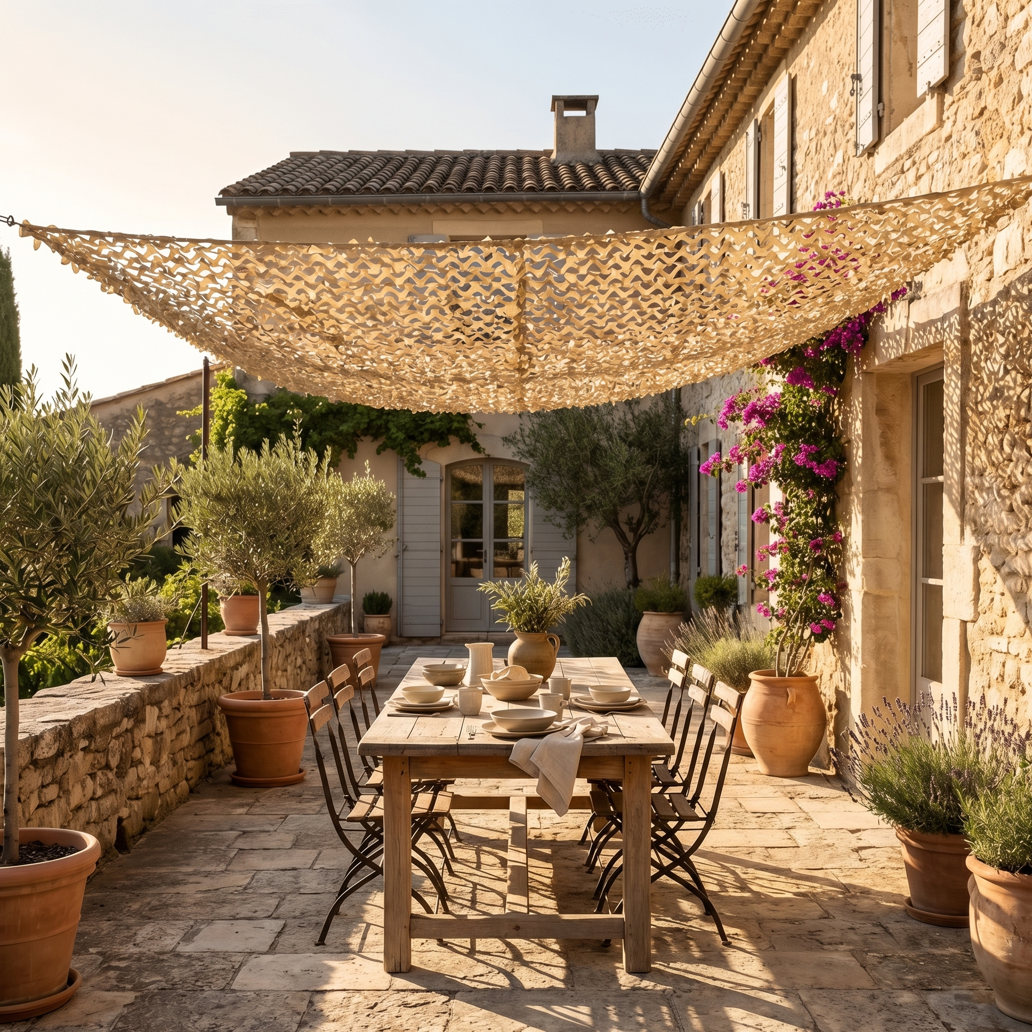 TheFrenchNets steel cable shade net mounted permanently over a restaurant dining terrace.
