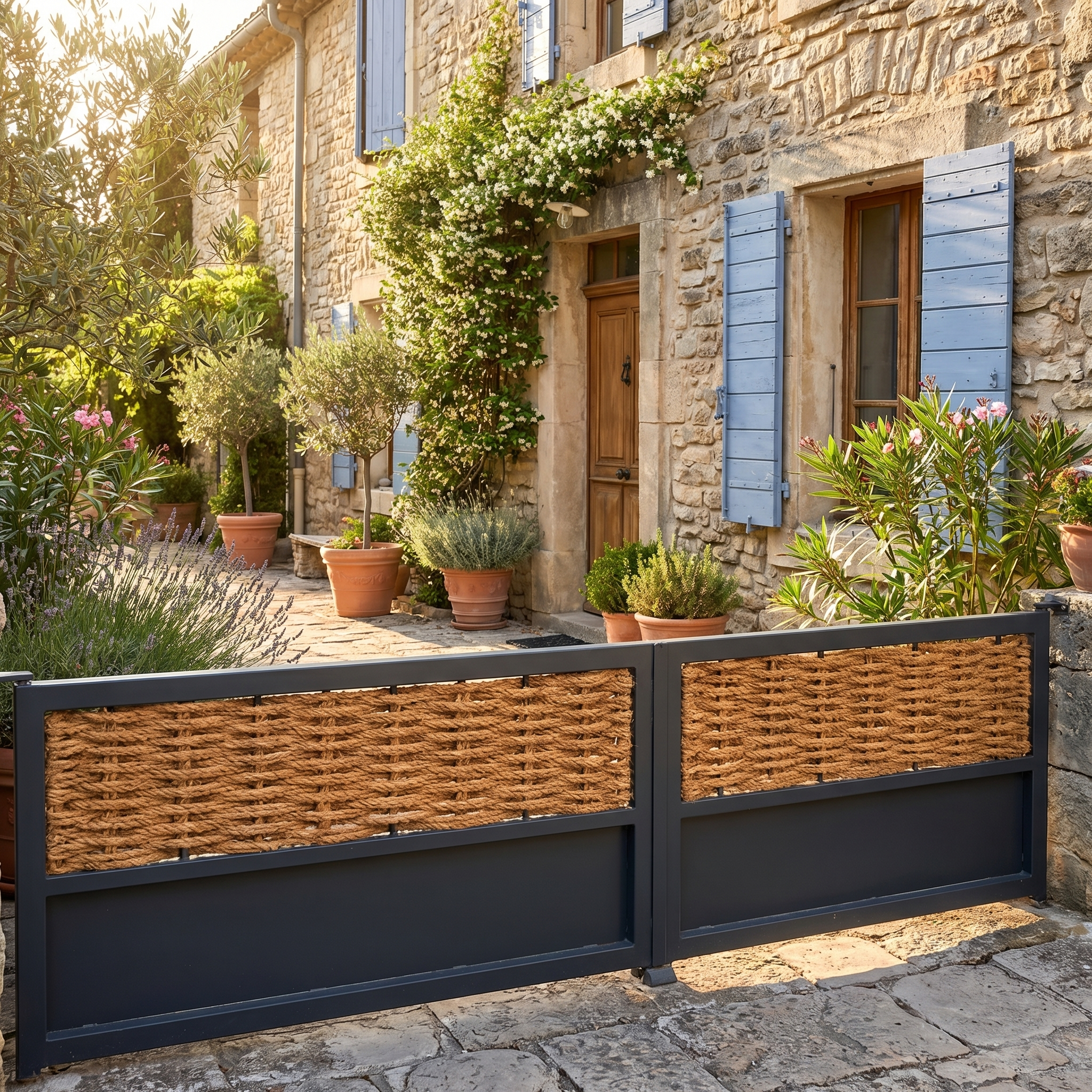 A Mediterranean-style stone house courtyard with blue shutters, decorated with potted plants and a black patio fence featuring woven natural coir panels.