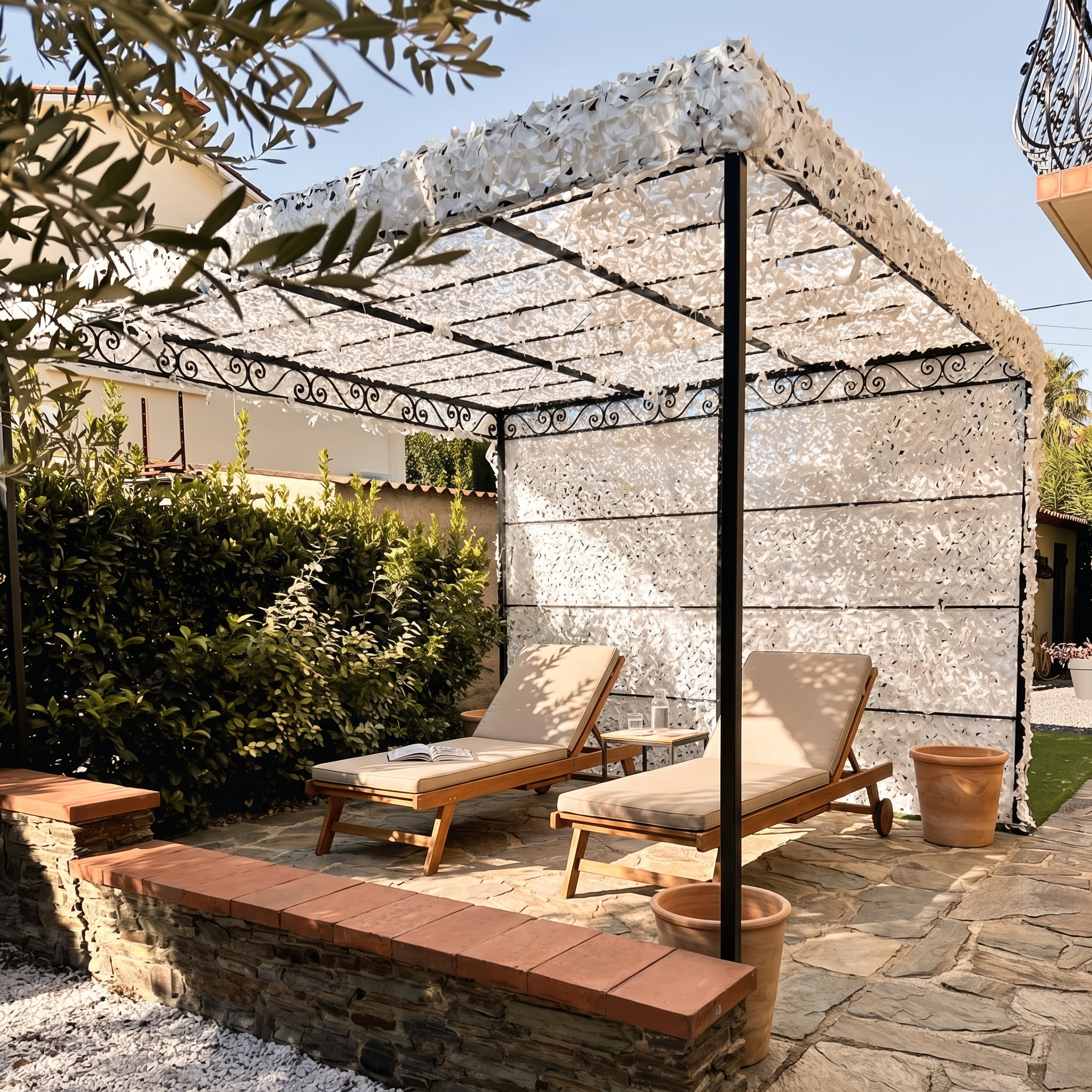 TheFrenchNets vertical privacy shade net hung in white along a balcony rail.