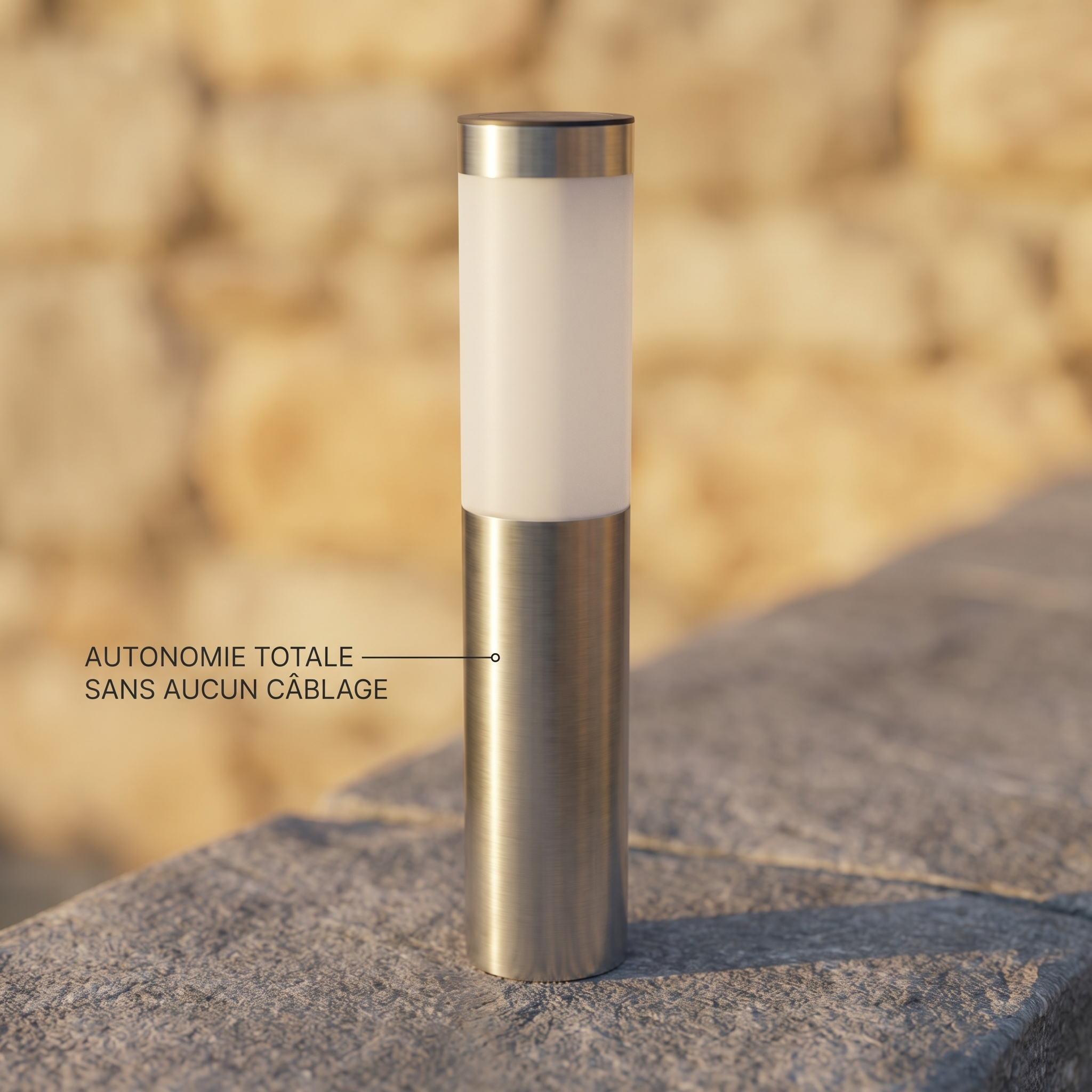 A brushed stainless steel wireless solar pillar lamp installed on a stone patio edge during daylight.