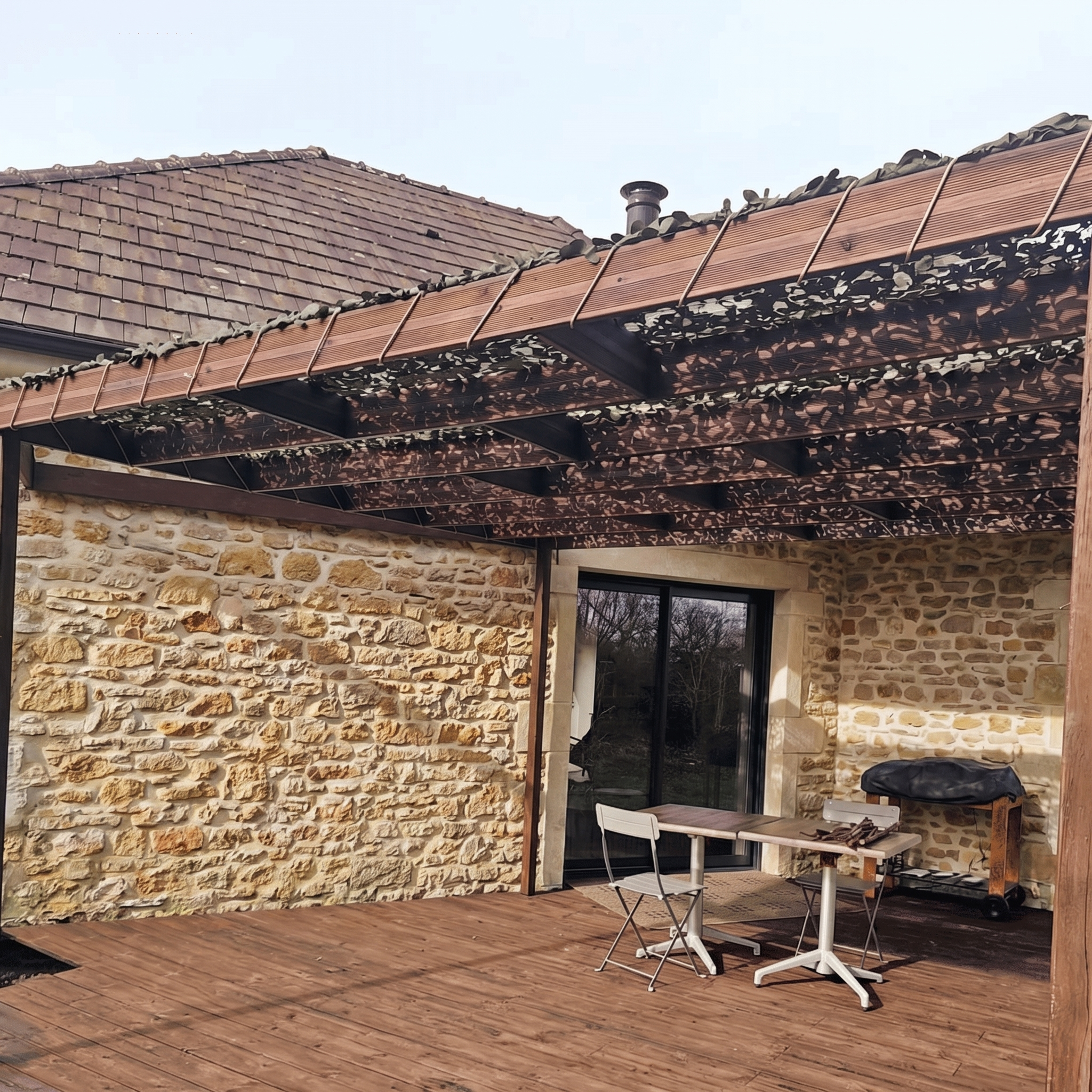 An outdoor patio area next to a stone building featuring a wooden pergola covered by a camouflage shade net secured with tie-down cords.