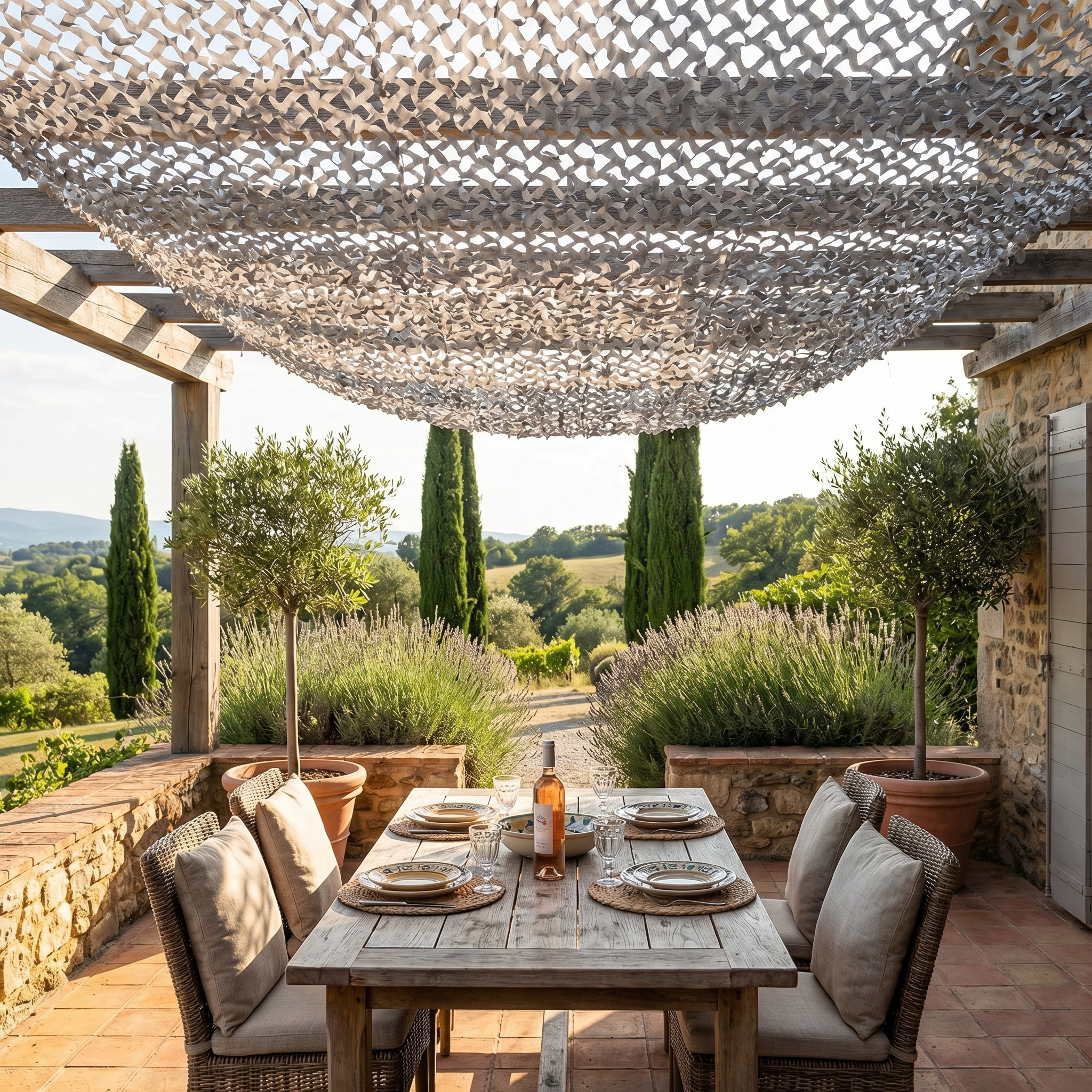 TheFrenchNets graphite reinforced shade net above a modern aluminum pergola.