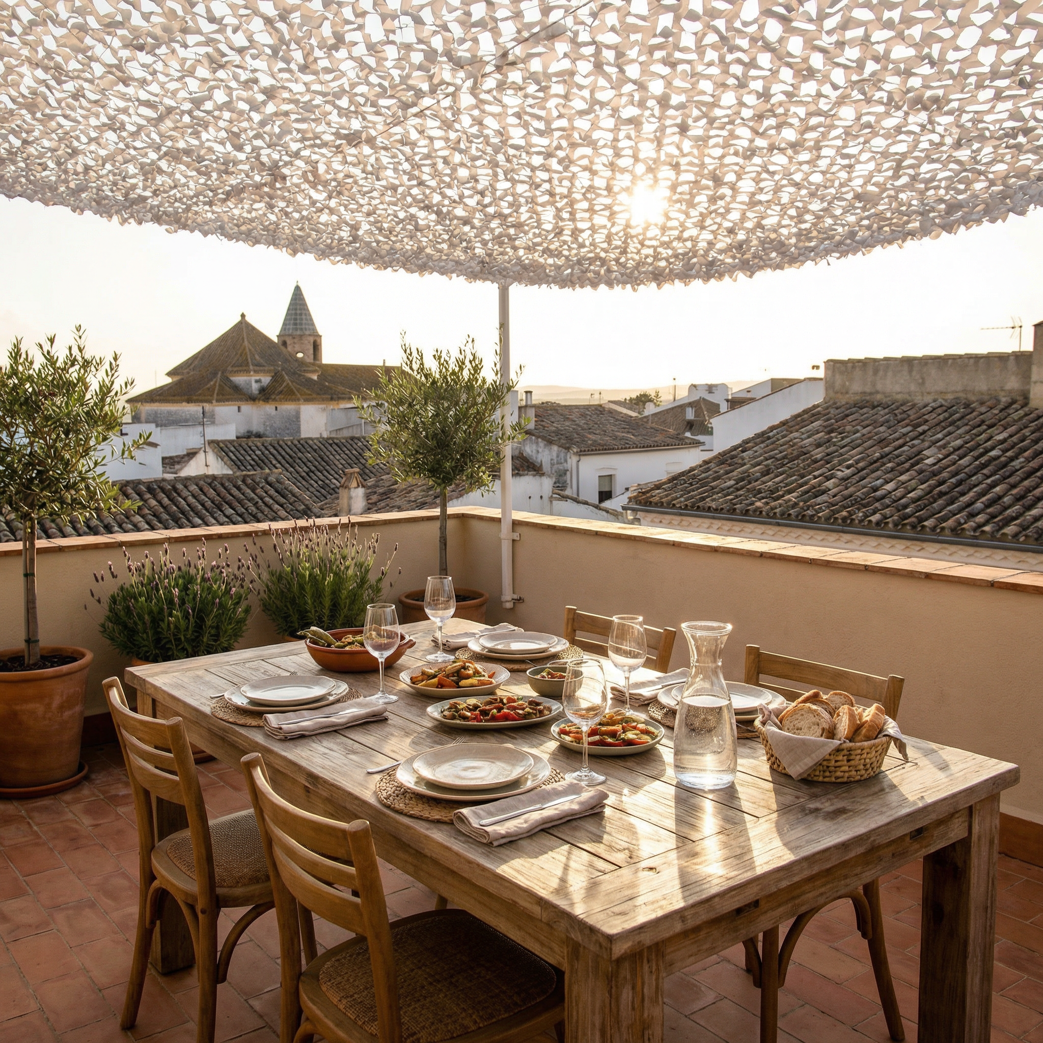 TheFrenchNets white reinforced shade net above a contemporary aluminum pergola.