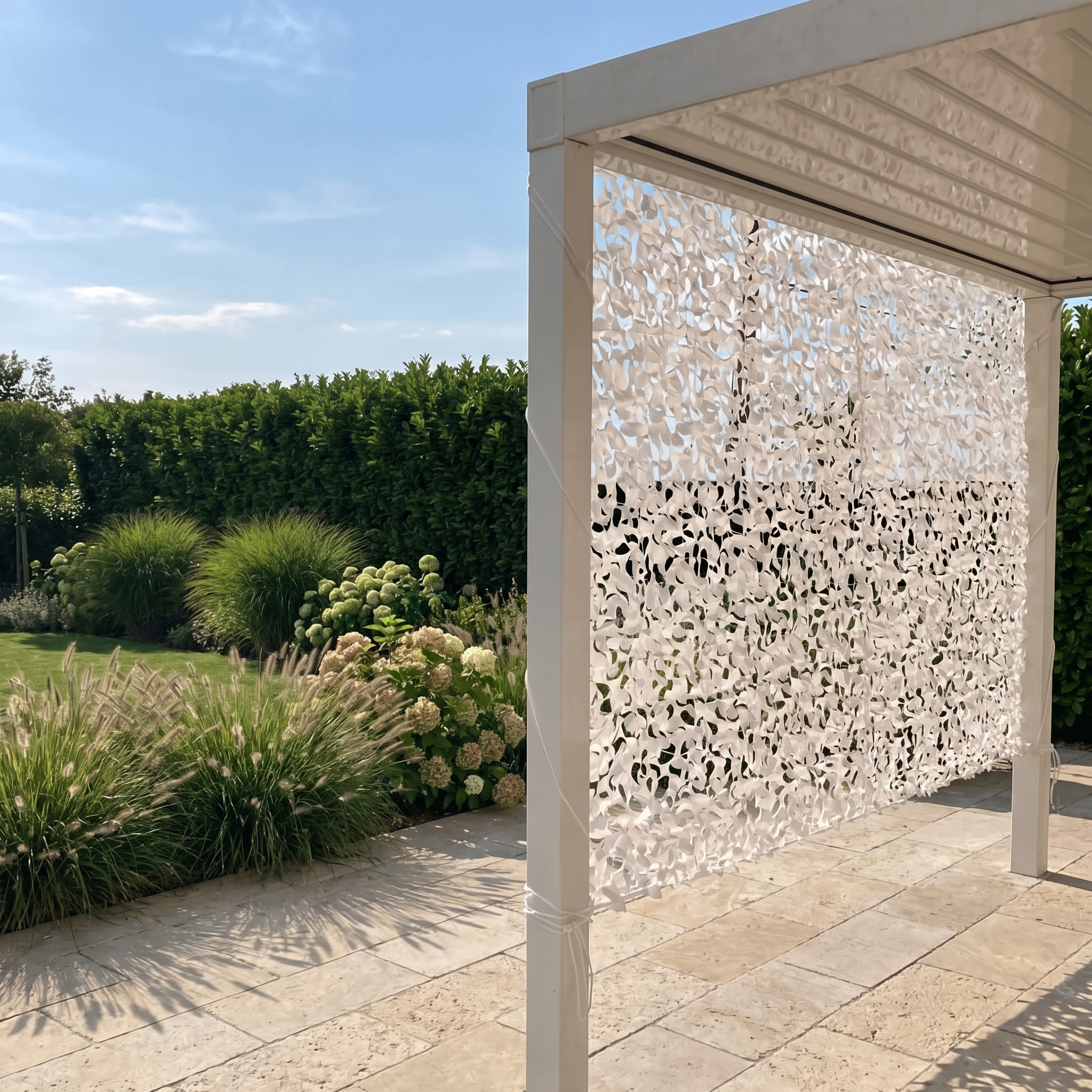 TheFrenchNets vertical privacy shade net in sand wrapping a pergola post line.