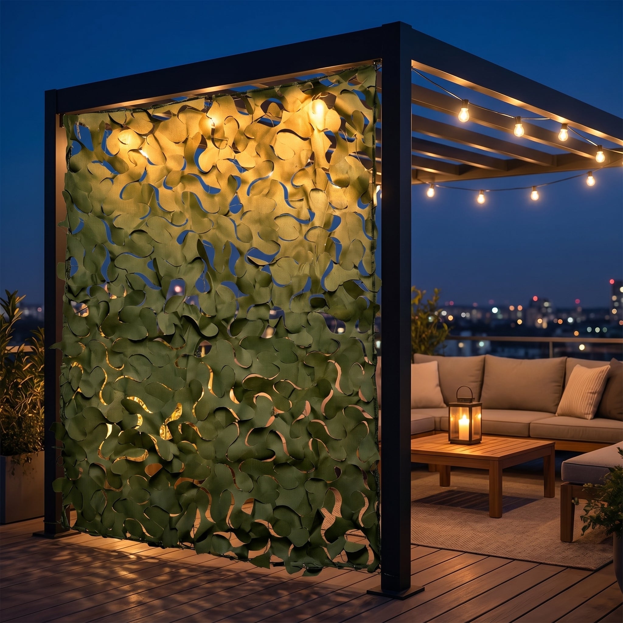 TheFrenchNets mesh curtain panel in sand dividing a long patio zone.