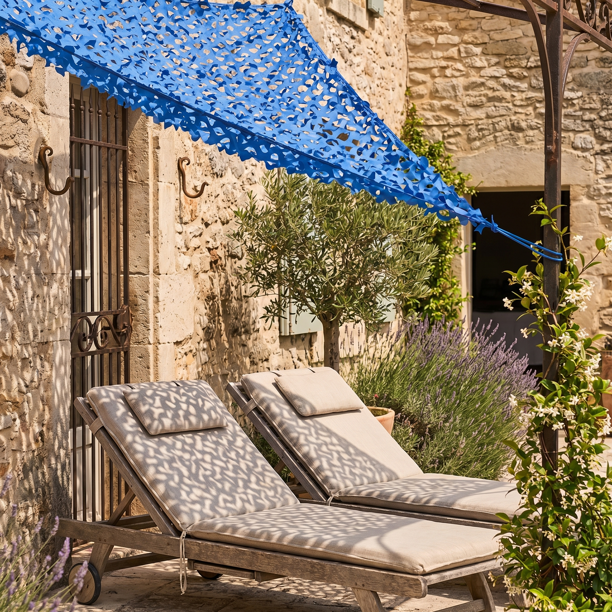 TheFrenchNets blue triangle shade net installed at a pool deck corner.