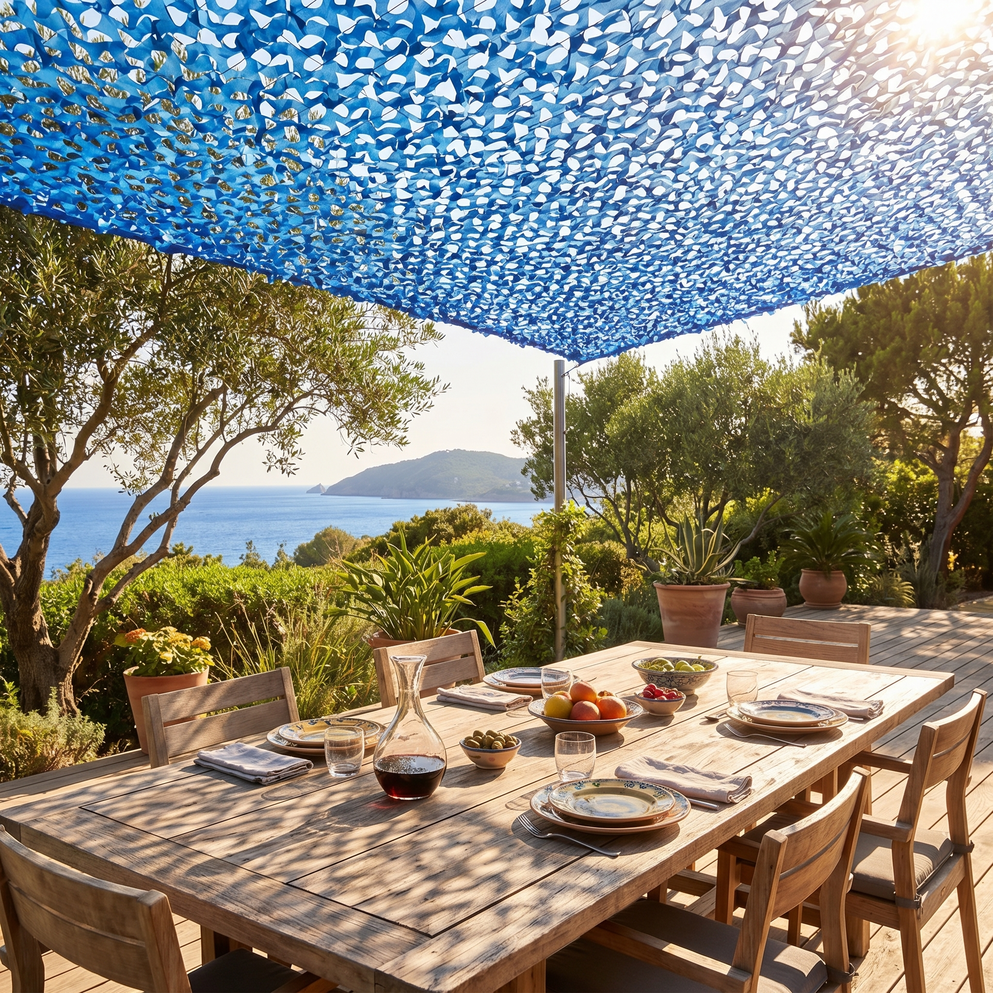 TheFrenchNets blue reinforced shade net tied along a pool house deck rail.