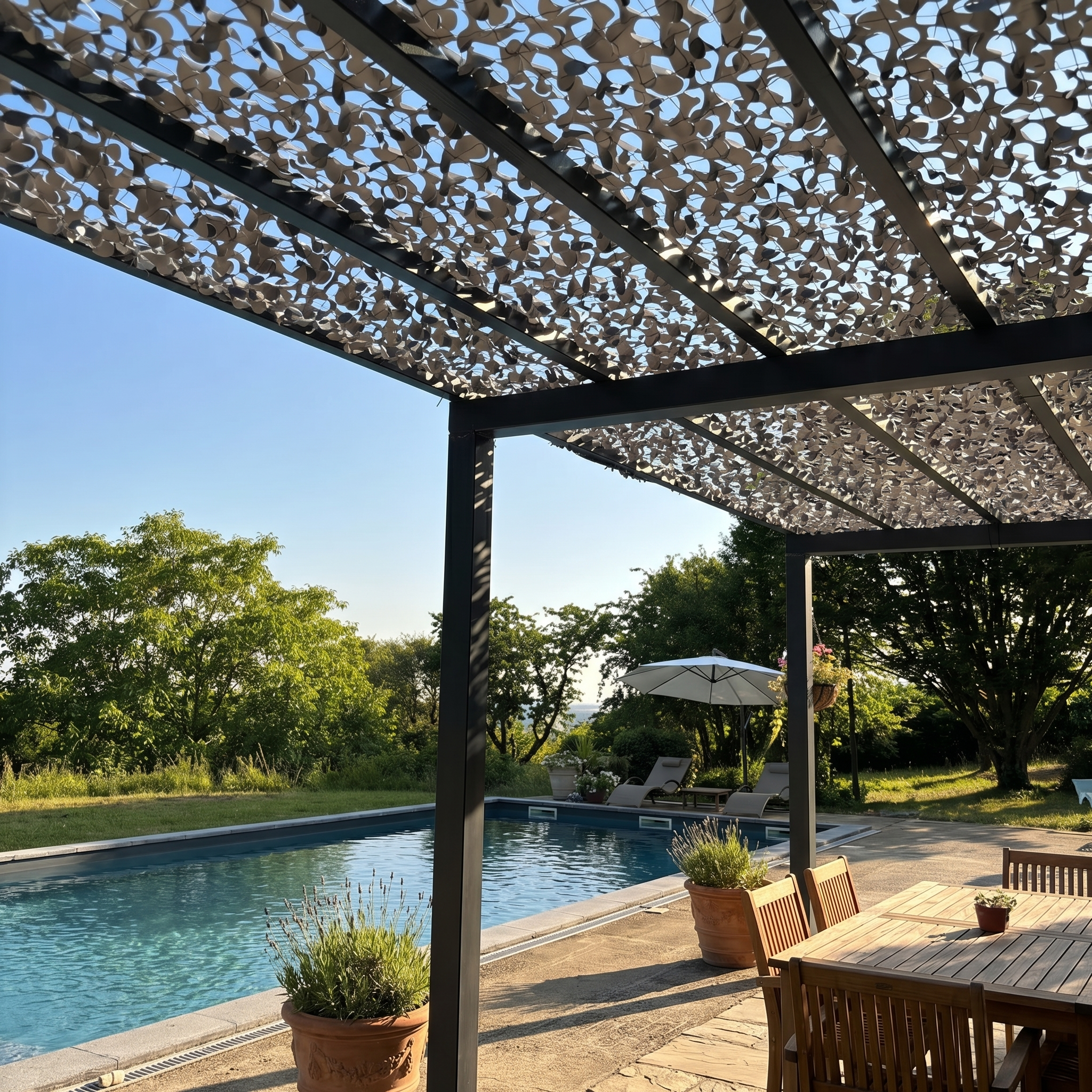 TheFrenchNets graphite reinforced shade net tensioned over an urban rooftop deck.