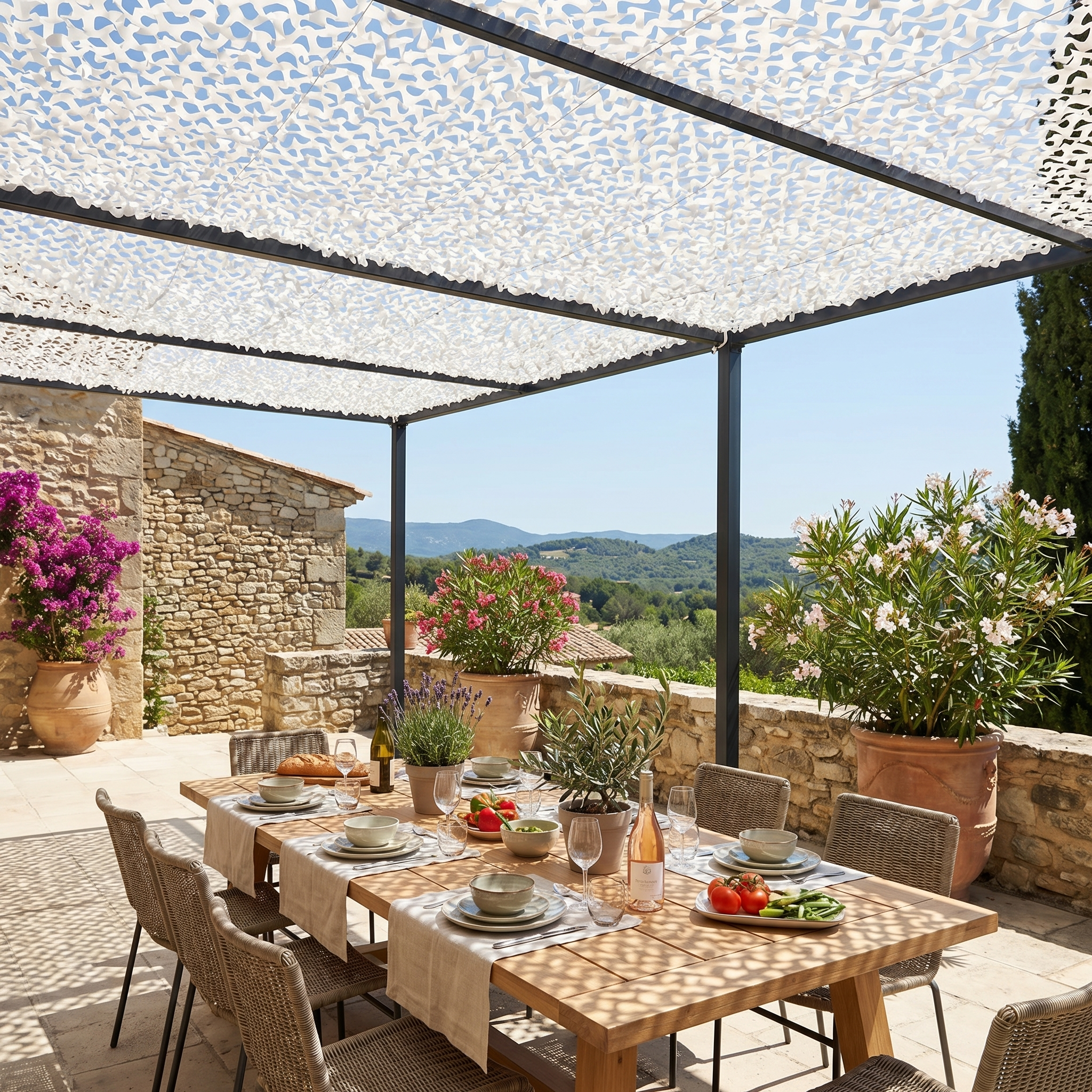 TheFrenchNets white reinforced shade net tensioned across a bright patio space.