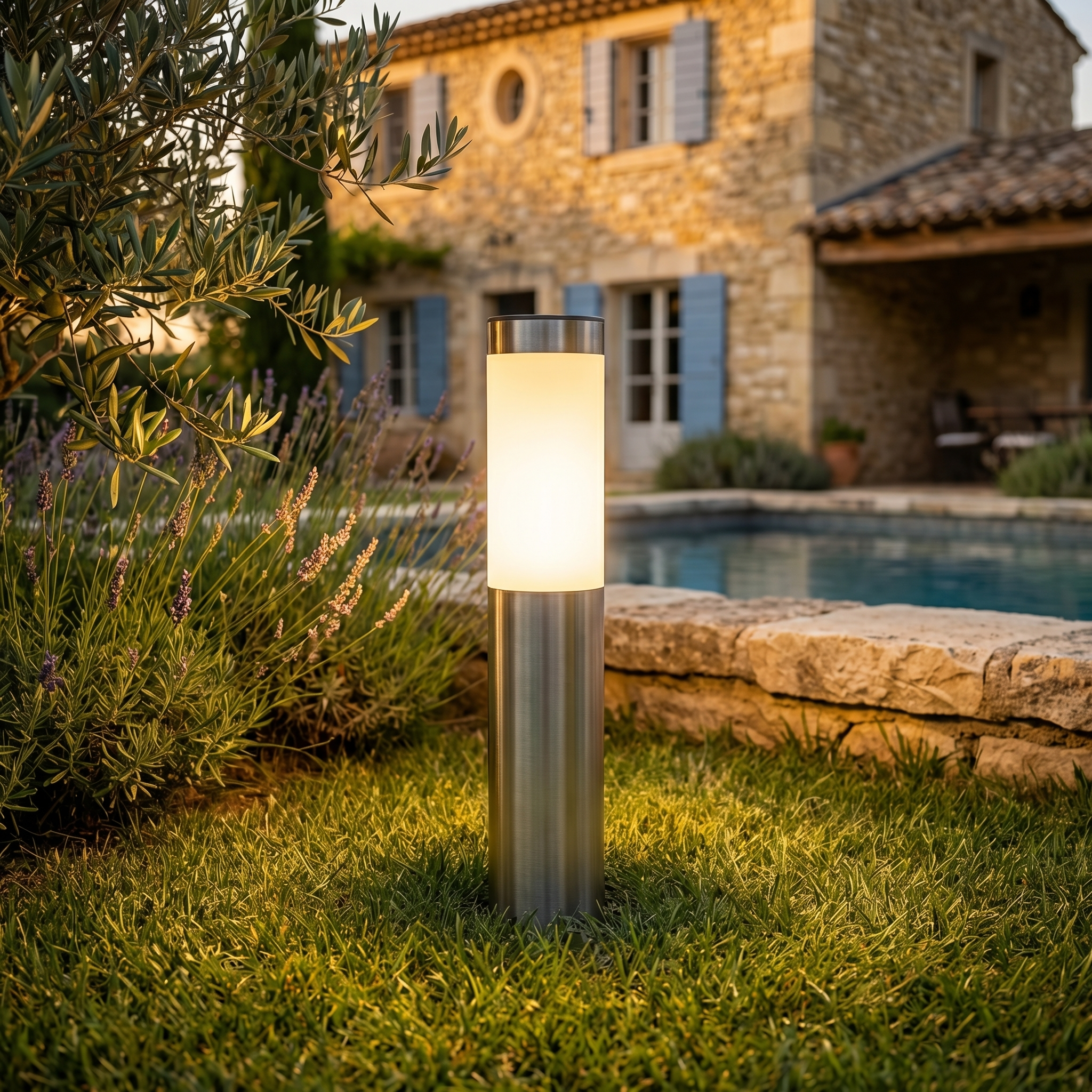 A modern stainless steel solar pillar lamp glowing with warm LED light on a lawn at dusk, with a stone house and pool in the background.