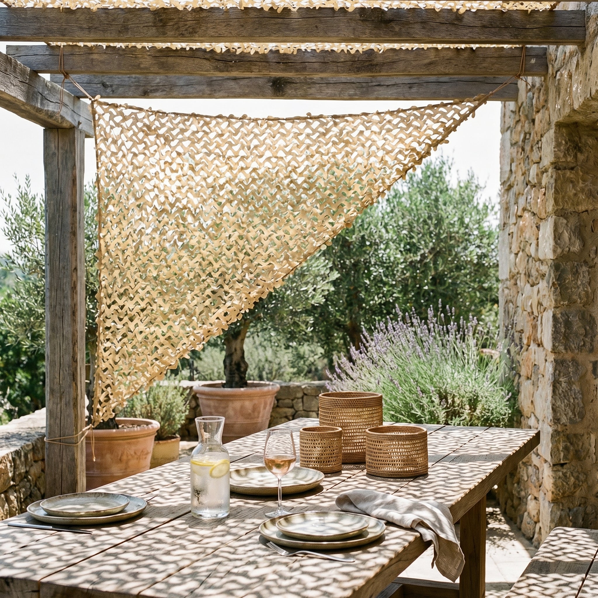 TheFrenchNets sand triangle shade net filling a pergola corner gap.