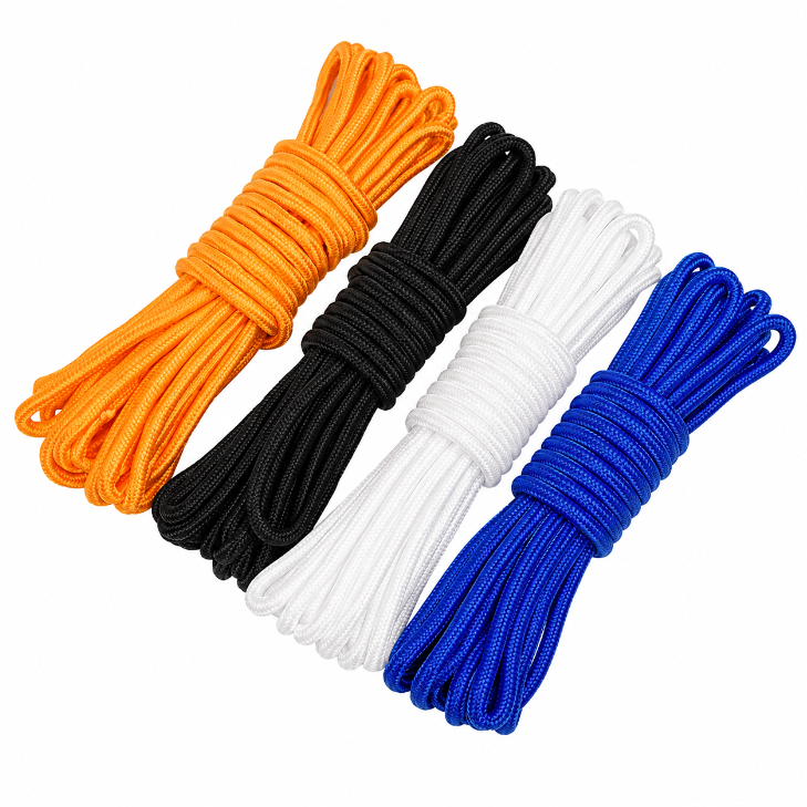 Four neatly bundled braided polyester tie-down cords for shade nets in orange, black, white, and blue, displayed on a white background.