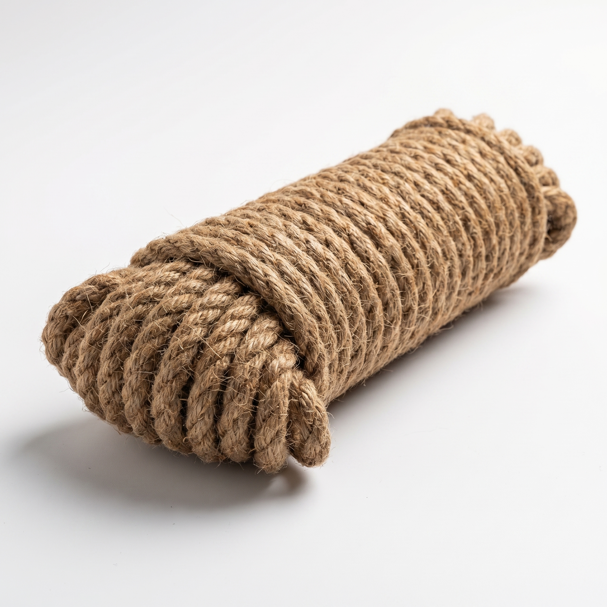 A neatly bound roll of thick 16mm natural coir coconut fiber rope, isolated on a white background.