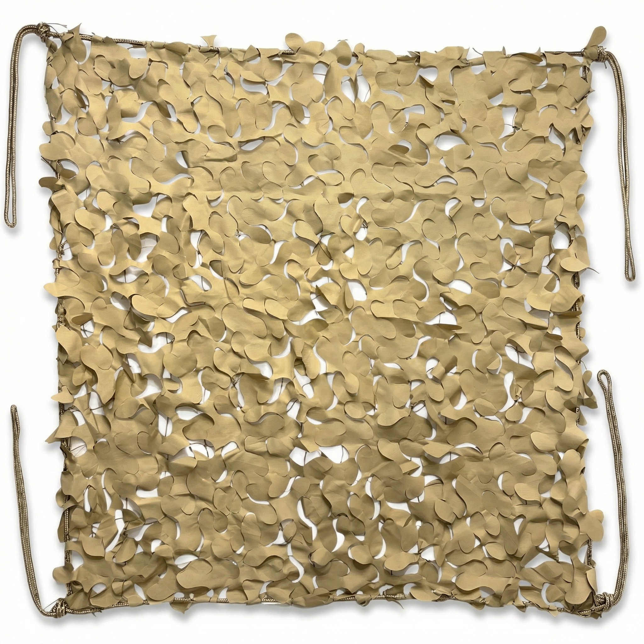 A square fabric sample of a sand-colored camouflage shade net, displayed on a white background.