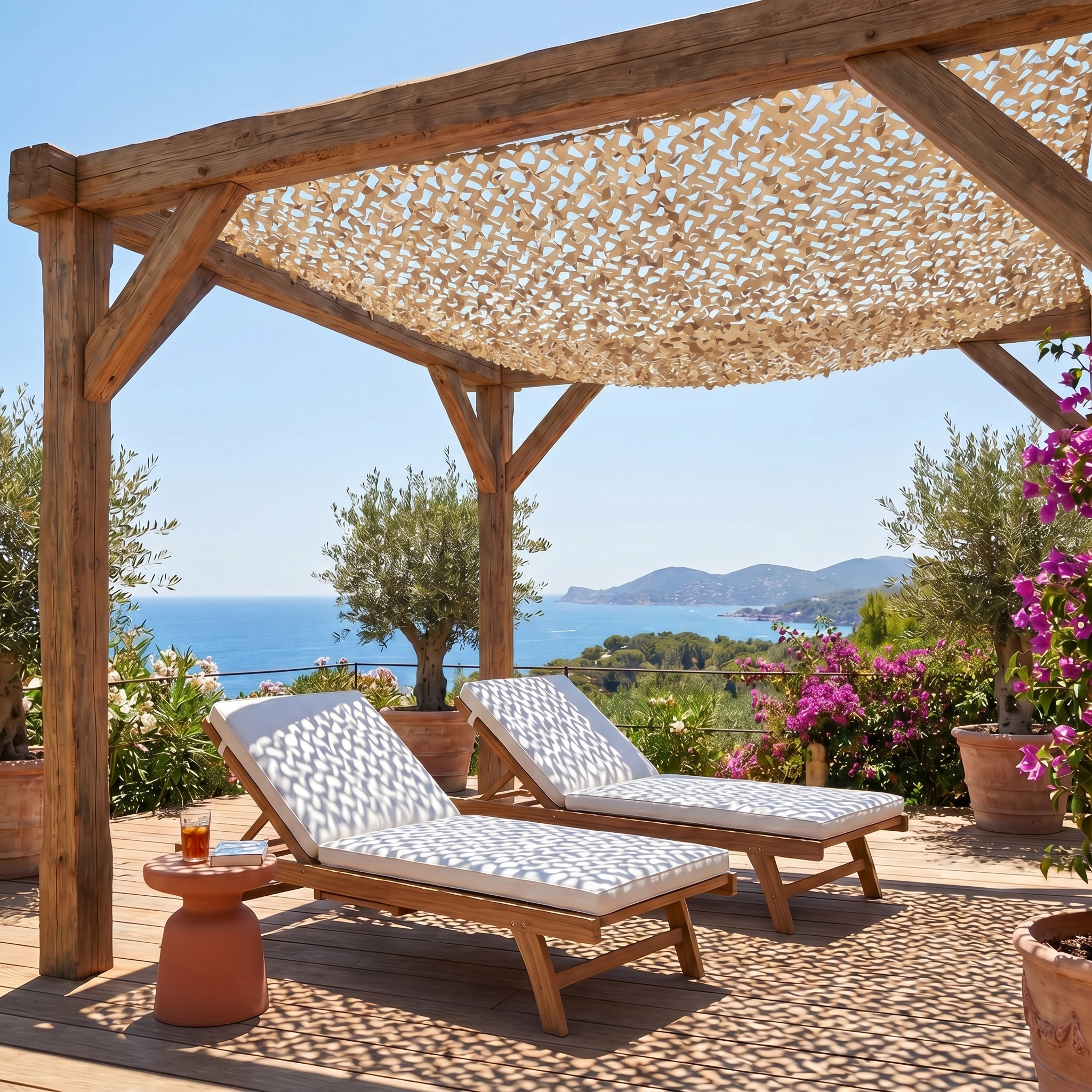 TheFrenchNets sand reinforced shade net tied to a wooden pergola corner.